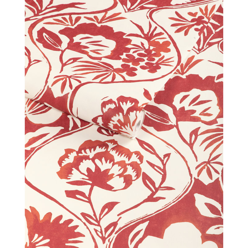 Garden Walk Calathea Floral Wood Pulp Blend Wallpaper Roll, Red