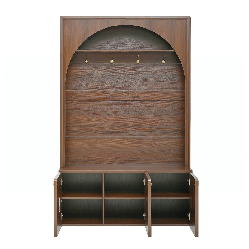 Farmhouse All-In-One Hall Tree With Adjustable Shelves, Retro Arched Entryway Storage Bench With 3 Cabinets, Wooden Coat Rack Organizer With 4 Golden Hooks For Mudroom, Hallway