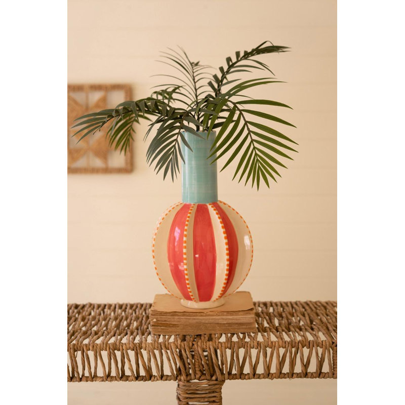  Vase en céramique multicolore avec col bleu - 15 po de hauteur