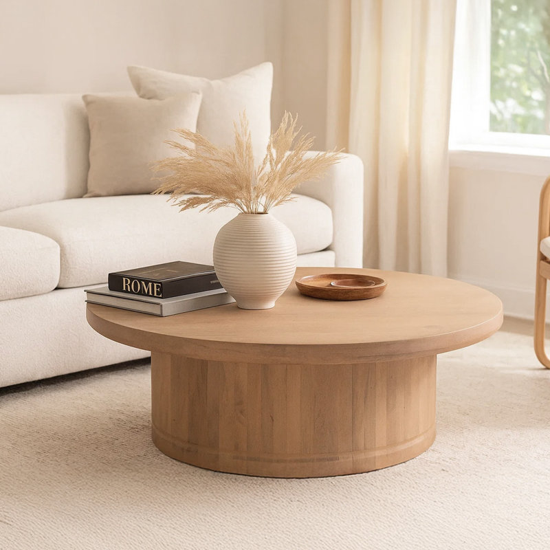 Table basse Bela | Plateau rond de 47 po | Piédestal en bois de manguier beige fabriqué à la main