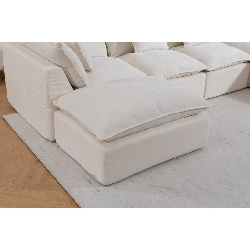 Canapé modulaire de 129,8 po, tissu gaufré, ensemble 3 pièces, canapé d'angle, blanc antique, avec 2 poufs
