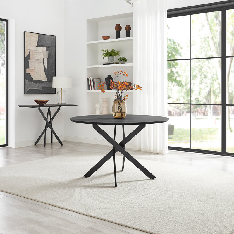 Hadlow Veneer & Metal Round Dining Table With Eubanks Fabric Chairs - Modern Statement Design, Dark Grey, 6