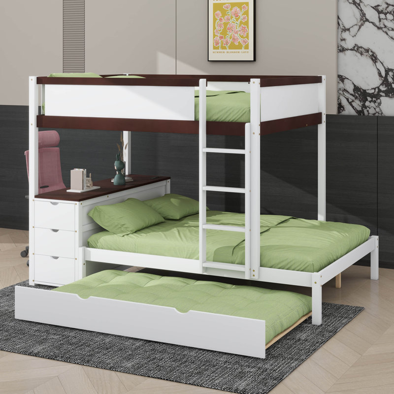 Lit superposé équipé d'un lit gigogne simple, de compartiments de rangement et d'un bureau, Lit superposé double sur double