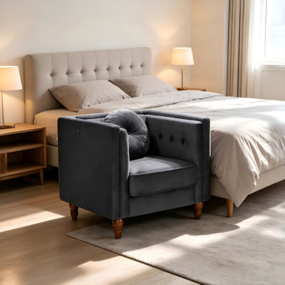 Chaise d'appoint classique Chesterfield, chaise d'appoint à accoudoirs carrés capitonnés avec pieds fuselés en bois, chaise longue rembourrée en velours écrasé