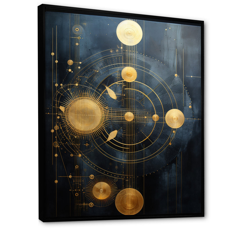 Ancienne sagesse d'Atlantis, rétro géométrie dorée sur toile, Cadre flottant noir, H 32 po x l 16 po x P 1 po