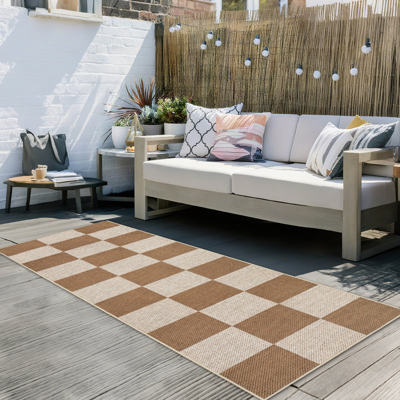 Modern Checkered Jute Area Rug - Washable, Non-Slip, Geometric Carpet for Living Room, Bedroom, Dining Room, Entryway - Indoor Outdoor, Mark Resistant -  Brown