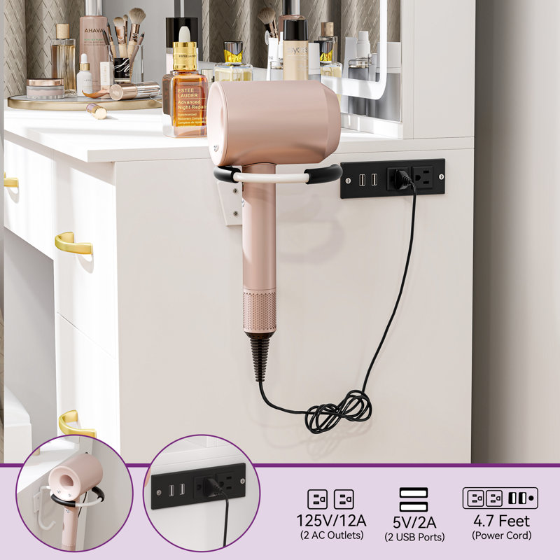 Vanity Built-In Outlets With Lighted Mirror, White