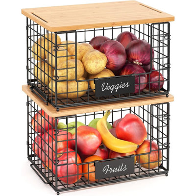 2 Pack Stackable Wire Baskets with Bamboo Top for Pantry Organizers and Storage, XXL Kitchen Organization Counter Basket for Fruit, Vegetable, Produce, Bread, Potato and Onion Storage Bins