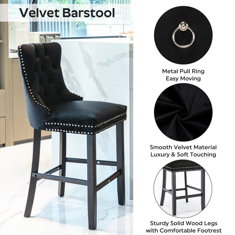Tabouret de bar rembourré en velours avec dossier capitonné, chaises de bar, tabourets de bar, ensemble de 2, Noir