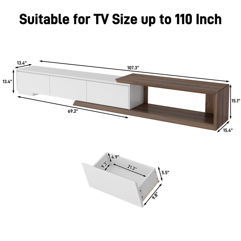 Modern Extendable Tv Stand With 3 Storage Drawers – Fits Tvs Up To 120" – Adjustable Wooden Entertainment Center For Living Room Or Bedroom