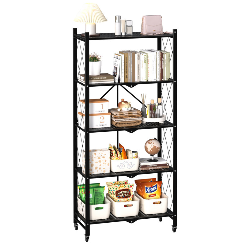 Expandable Folding Bookshelf with Wheels, Collapsible Adjustable Storage Rack Metal Shelves