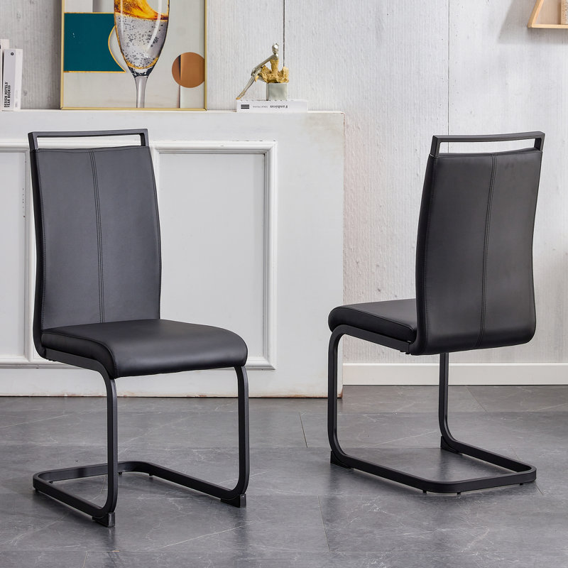 Modern Faux Leather Cantilever Dining Chairs (Set of 4), Black, Silver, 2