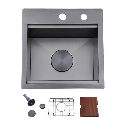 Évier de cuisine encastré noir TAYANUC, 21 x 20 po, fait à la main en acier inoxydable, grand poste de travail à simple cuve avec 2 trous et accessoires