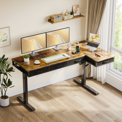 Electric Standing Desk With 4 Under-desk Drawers, Height-adjustable Desk With Built-in Power Outlets,standing Desk With Reversible Structure,home Office Desk With Hidden Desk-mounted Cable Management Tray