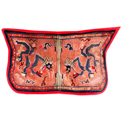 1930s Coral Dragon Antique Chinese Tibetan Saddle Cover 2'6" x 4'2" Rug Carpet
