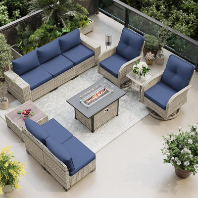 Muphyers 10-Piece Outdoor Patio Furniture Set with Rocking Swivel Chair , PE Wicker Rattan Sectional Sofa Patio Conversation Set with 55,000 BTU Fire