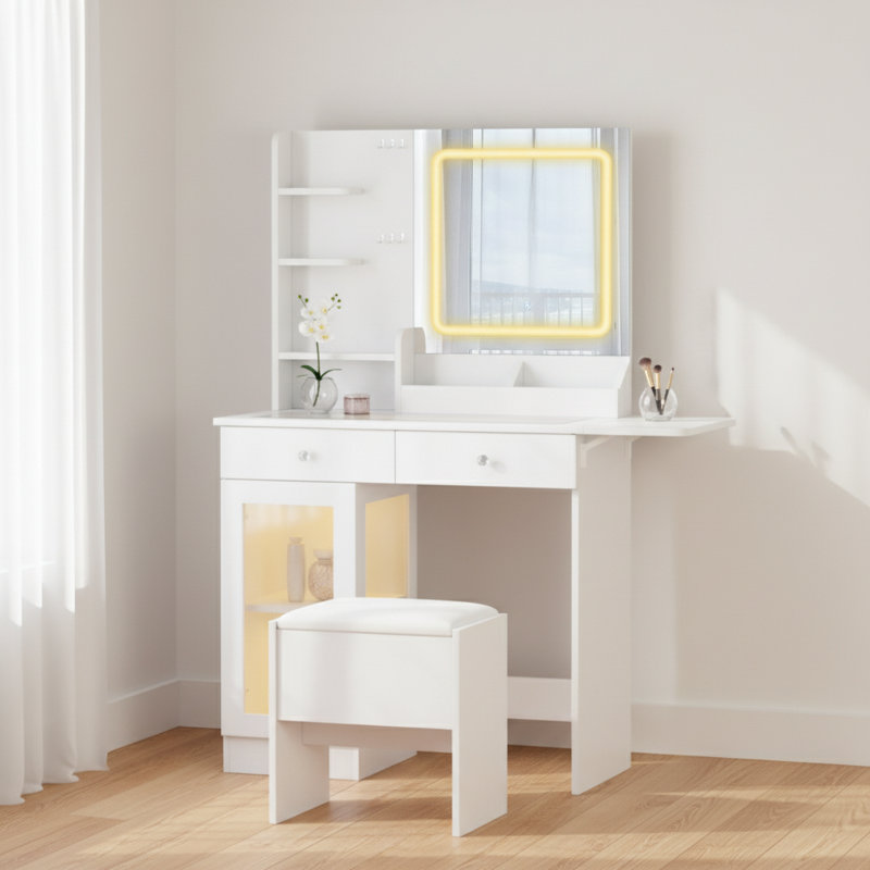 Ensemble de coiffeuse blanche avec miroir lumineux, ports USB et rangement