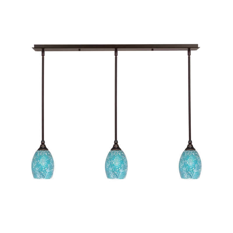 3 Light Stem Hung Linear Pendalier Shown With 5" Fusion Glass, Dark Granite, Turquoise