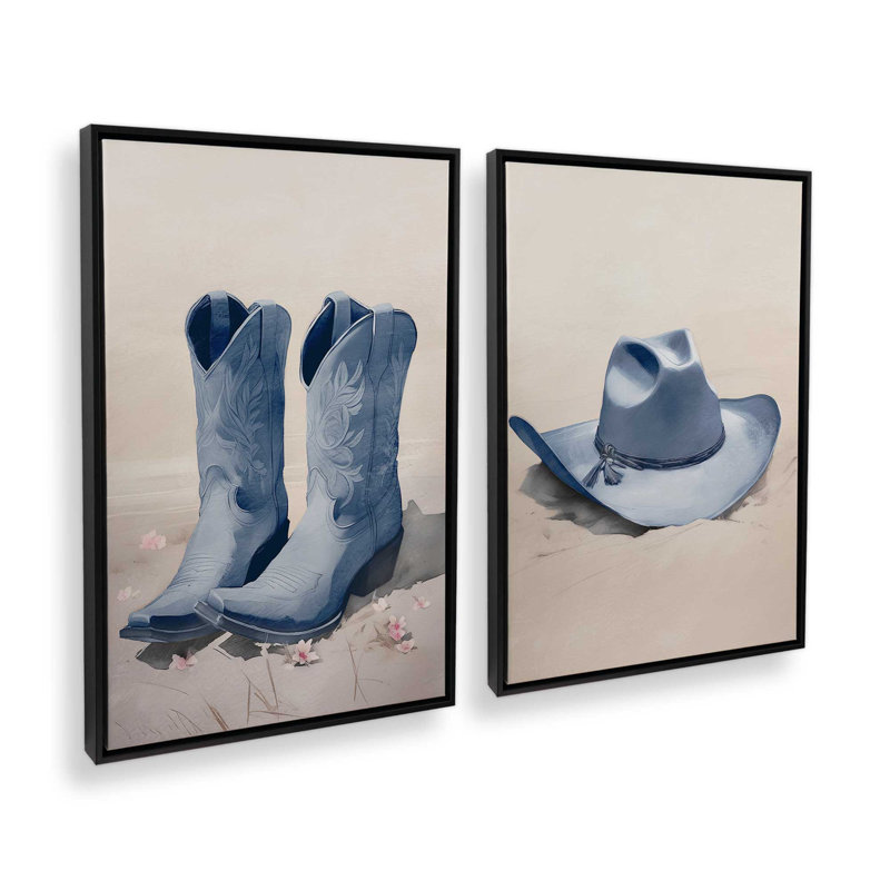 «Cowboy Essentials in Blue», ensemble de 2 impressions sur toile, Noir satiné, H 19 po x l 26 po