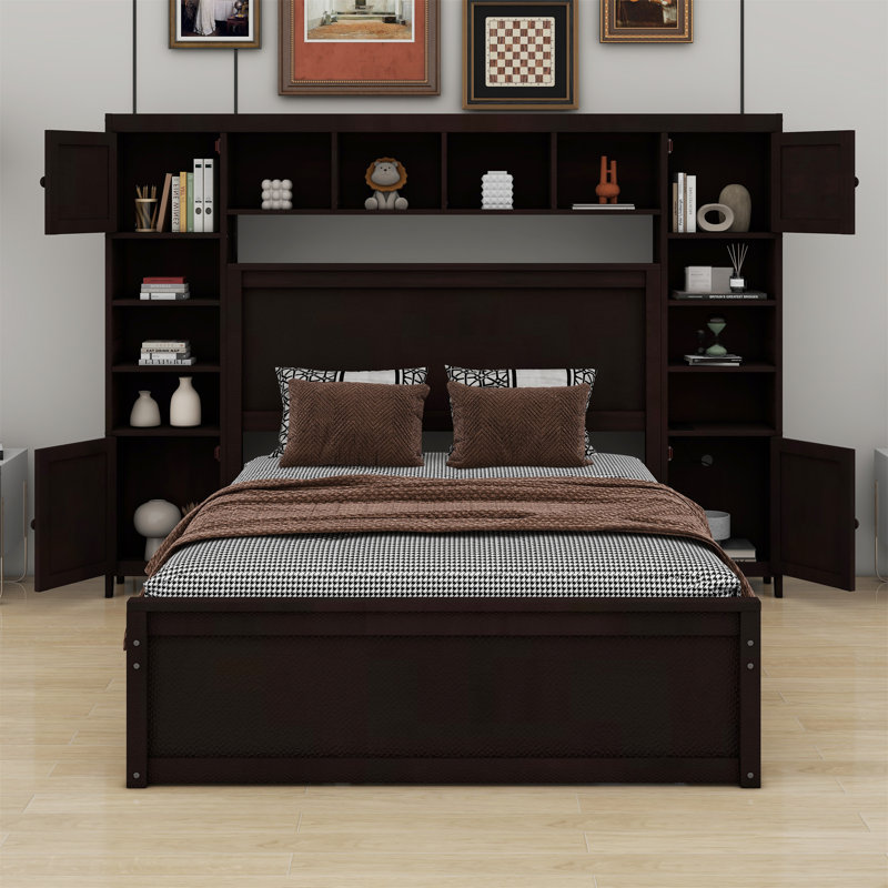 Wooden Bed With All-In-One Cabinet, Shelf And Sockets, Espresso