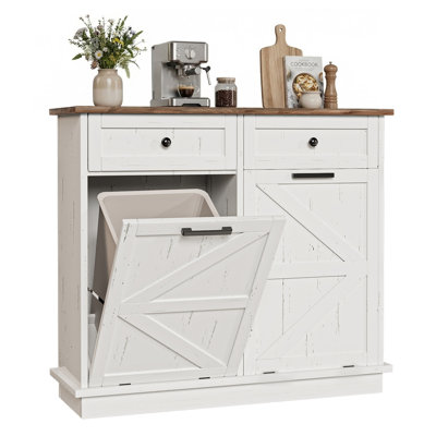 Double Tilt Out Trash Can Cabinet with Drawer, 10 Gallon Hidden Garbage Bin Storage, Farmhouse Rustic Wooden Cabinet