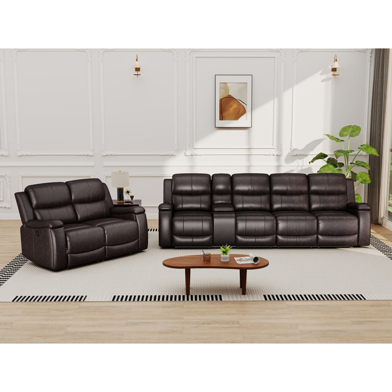 Ensemble de sofas inclinables modernes 3 pièces avec porte-gobelets et rangement, Simili cuir brun foncé