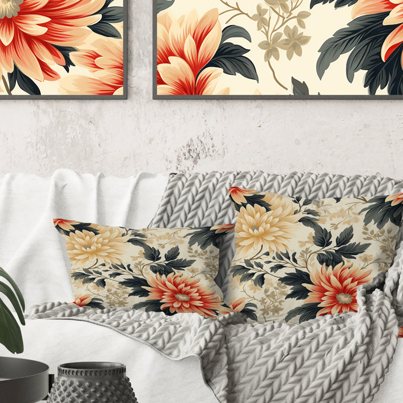 Dahlia rétro vert et beige - coussin à imprimé floral