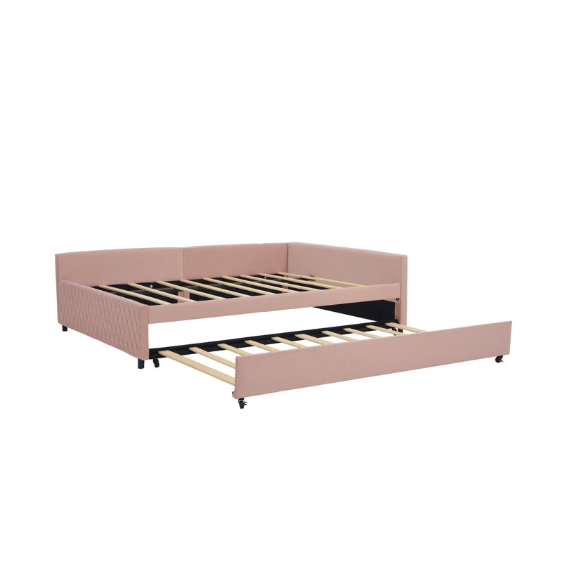 Upholstered Daybed With Trundle,Sturdy Wooden Bed Frame, Modern Diamond Grid Design,For Bedroom, Guest Room (Pink), Pink
