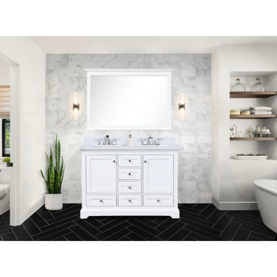 48 po Large meuble-lavabo double blanc, profondeur 22, surface en quartz, miroir de pièce 46 po x P P, comptoir, carré