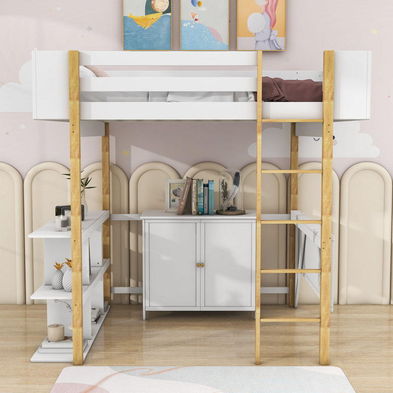 Harriet Bee Jefri Wood Twin Loft Bed with Built-in Storage Cabinet