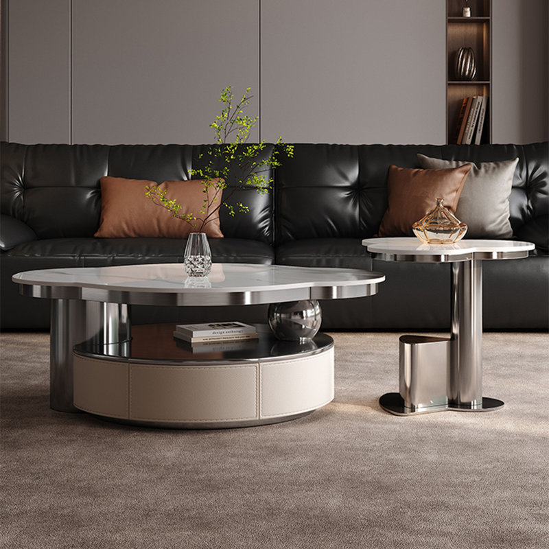Luxury-Style Modern Granite Tile Coffee Table Set, White/Grey