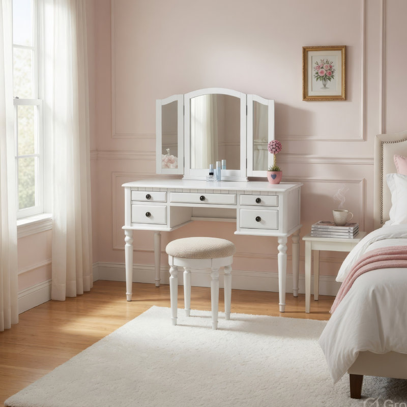Ensemble de coiffeuse 3 pièces avec tabouret rembourré Enay, miroir, 5 tiroirs, blanc glamour, Blanc / beige