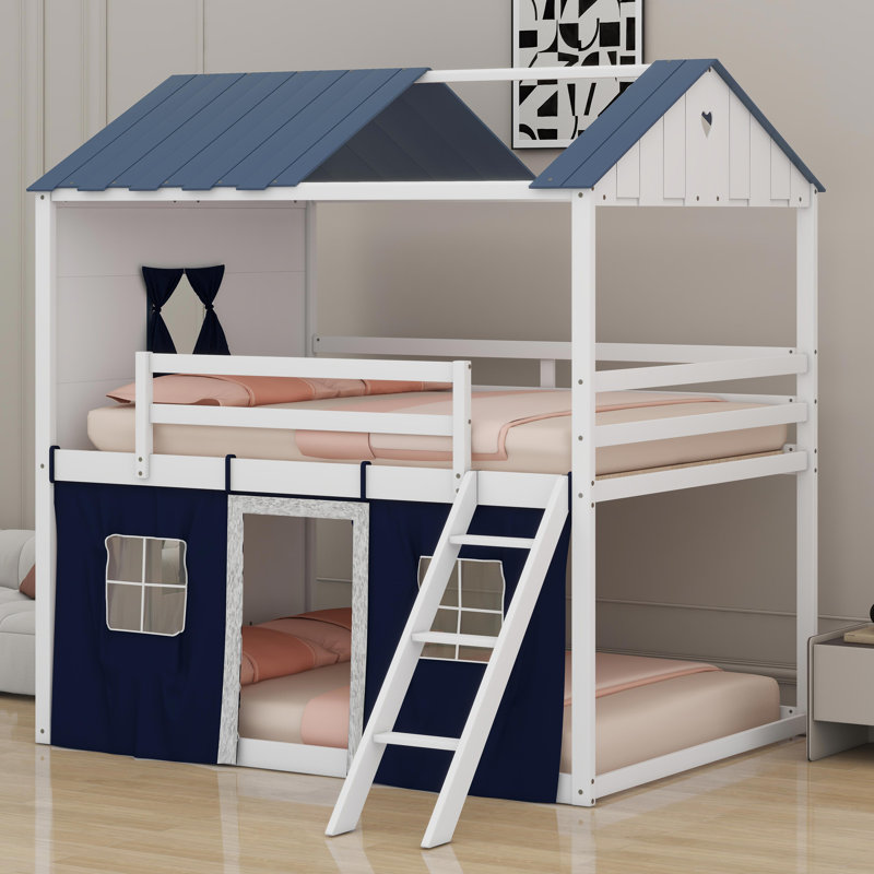Lit superposé en bois avec fenêtres élégantes, Blanc/bleu