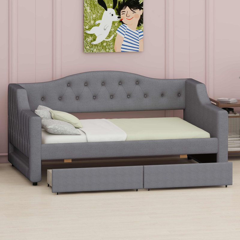 Space-Saving Upholstered Daybed Designed with Under-Bed Drawers and a Stylish LED Belt, Gray