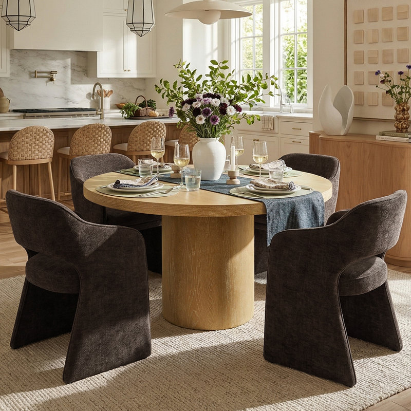 4 - Person Dining Table Sets With Solid Wood Round Table & 4 Upholstered Fabric Chairs, Brown, Natural