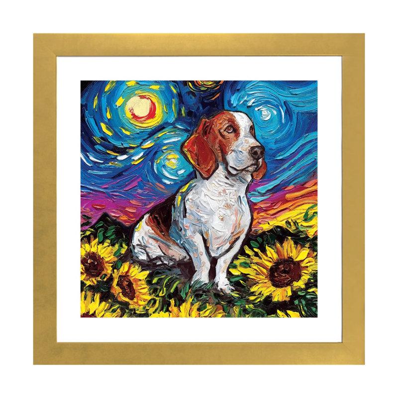 Reproduction d’art « Basset Hound Night II » par aja Trèves, Blanc, H 24 po x l 24 po x p 1 po, Papier encadré doré