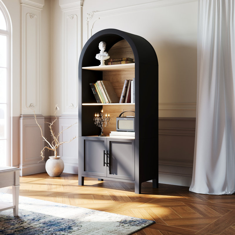 66.70 Inch Tall Arched Bookcase With Storage, Mid-Century Modern 3-Tier Arched Cabinet With Door, Arched Bookshelf Cabinet With Open Display Storage Shelf For Office Dining Room Living Room