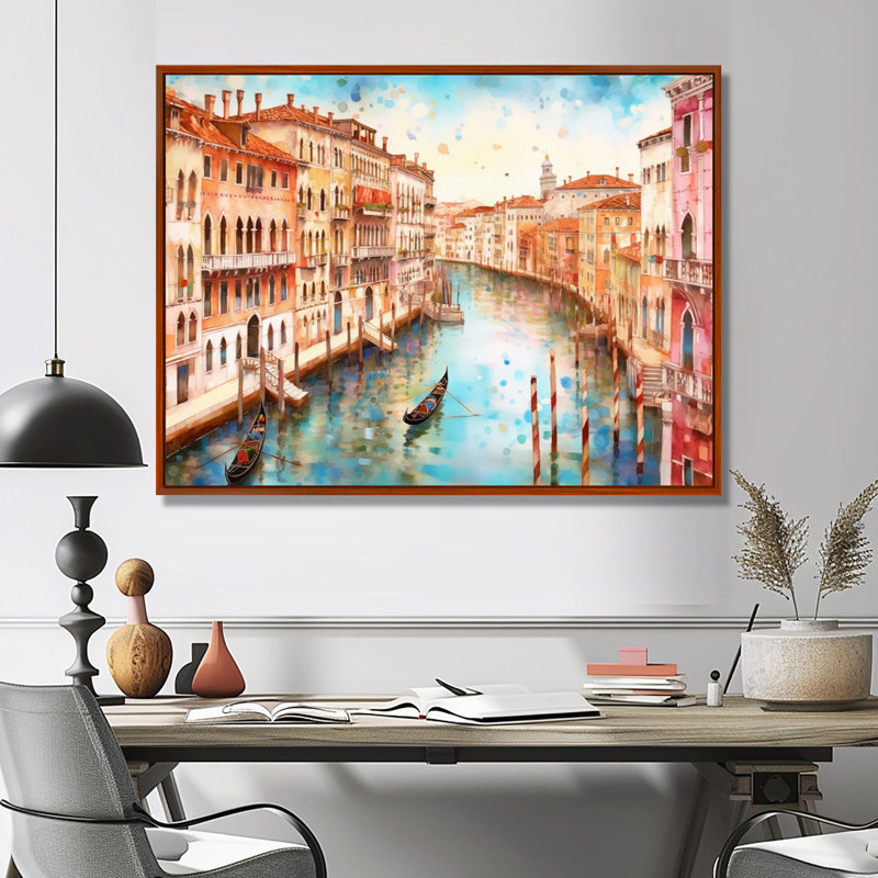Gondole sur grand canal, Venise, aquarelle - art mural de Venise, Cadre flottant brun, H 16 po x l 32 po