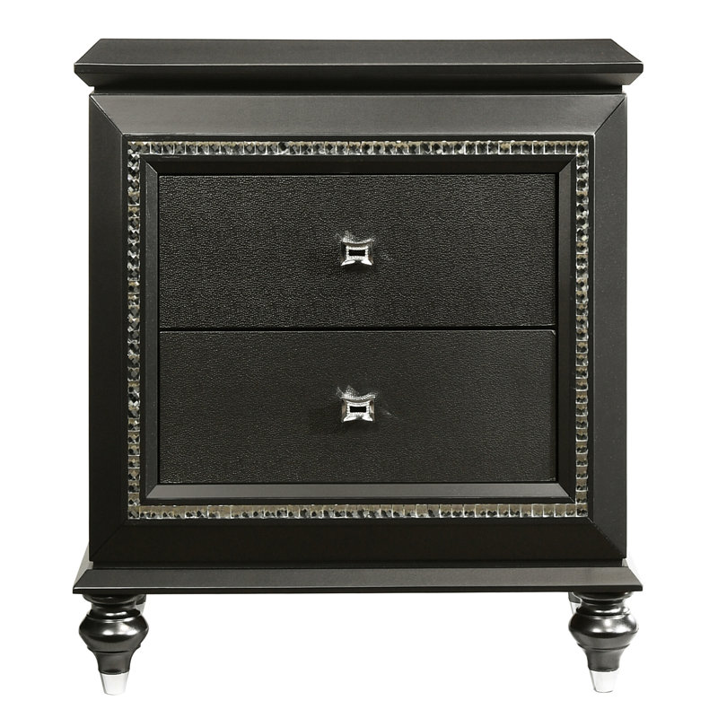 Table de chevet 2 gris métallique - Rangement de chambre à coucher élégant avec caractéristiques et ornement glamour à garniture scintillante