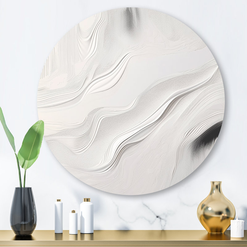 Blanc et gris ondulations de pierre V - art mural rond en marbre abstrait, H 36 po x l 36 po x P 1 po