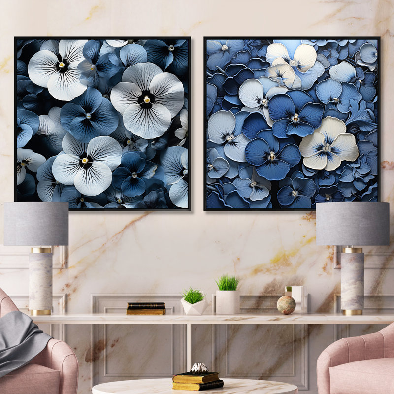 Pensées bleues et grises dans l'ombre - Ensemble de 2 collages carrés, Cadre flottant noir, H 16 po x l 33 po