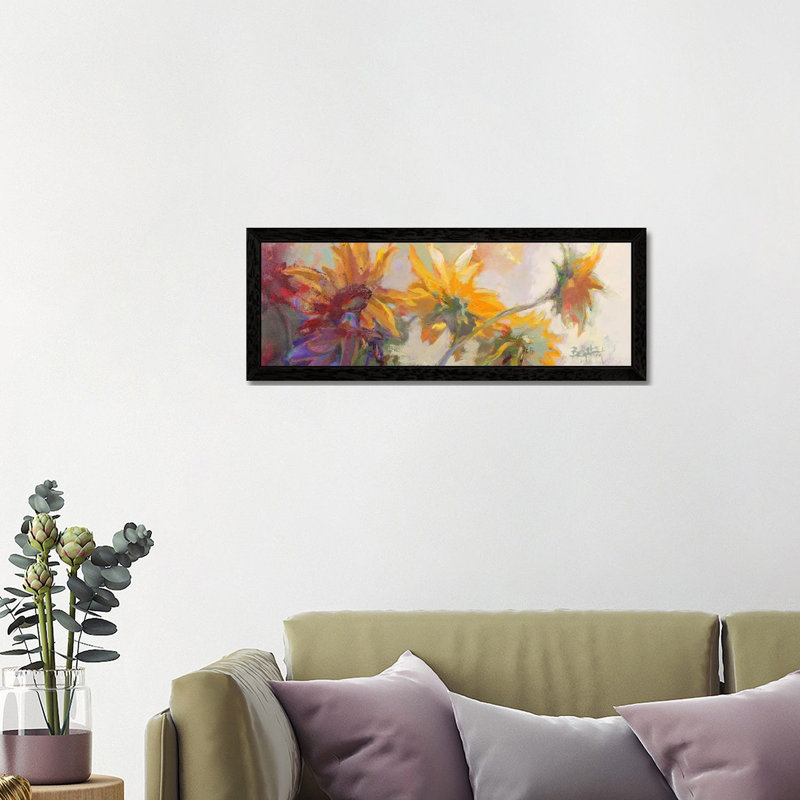 Three Long Blossoms by Beth A. Forst - Floater Frame Panoramic Painting on Canvas, Black Framed, 30.48 cm H x 91.44 cm W