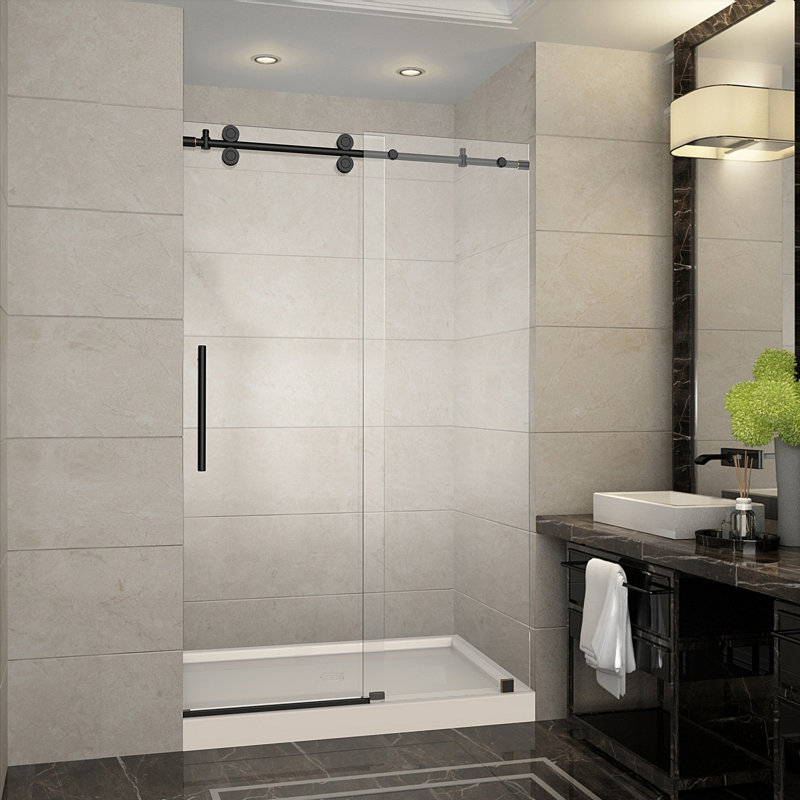 Porte de douche coulissante simple sans cadre de H 77,5 po Langham, Drain au centre