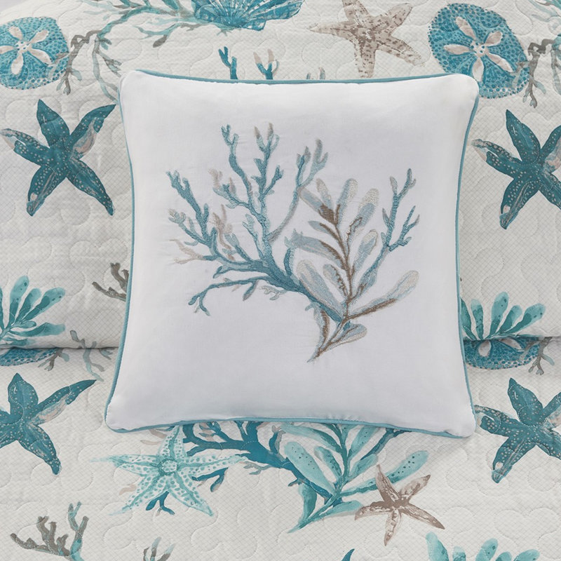 Courtepointe en coton - très grand / très grand 6 pièces avec coquillages, étoile de mer, motif de coraux, Turquoise