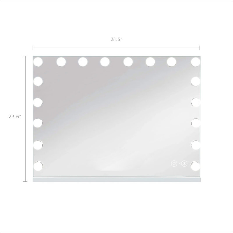 Miroir de salle de bain avec miroir 31,5 po x 22,8 po avec 18 ampoules à intensité variable pour le maquillage, table / haut-parleur suspendu Bluetooth avec écran tactile et port de charge USB
