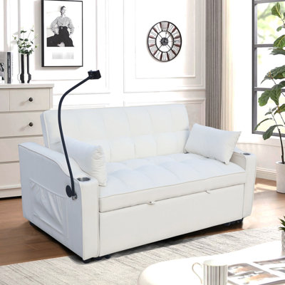 Canapé en velours beige avec lit gigogne, convertible 3 en 1, inclinable pour s'asseoir, s'allonger et dormir, velours de haute qualité, facile à nettoyer, livré avec 2 oreillers moelleux et un chargeur de téléphone.