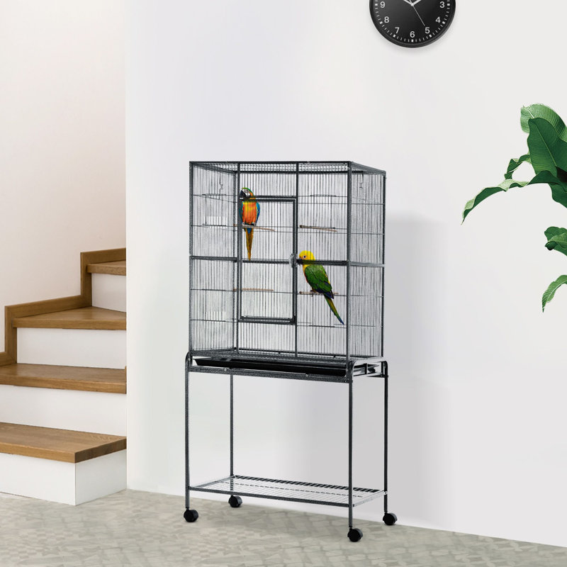 Cage à oiseau 1 pièce en métal / acier / plastique noir, gris avec support roulant
