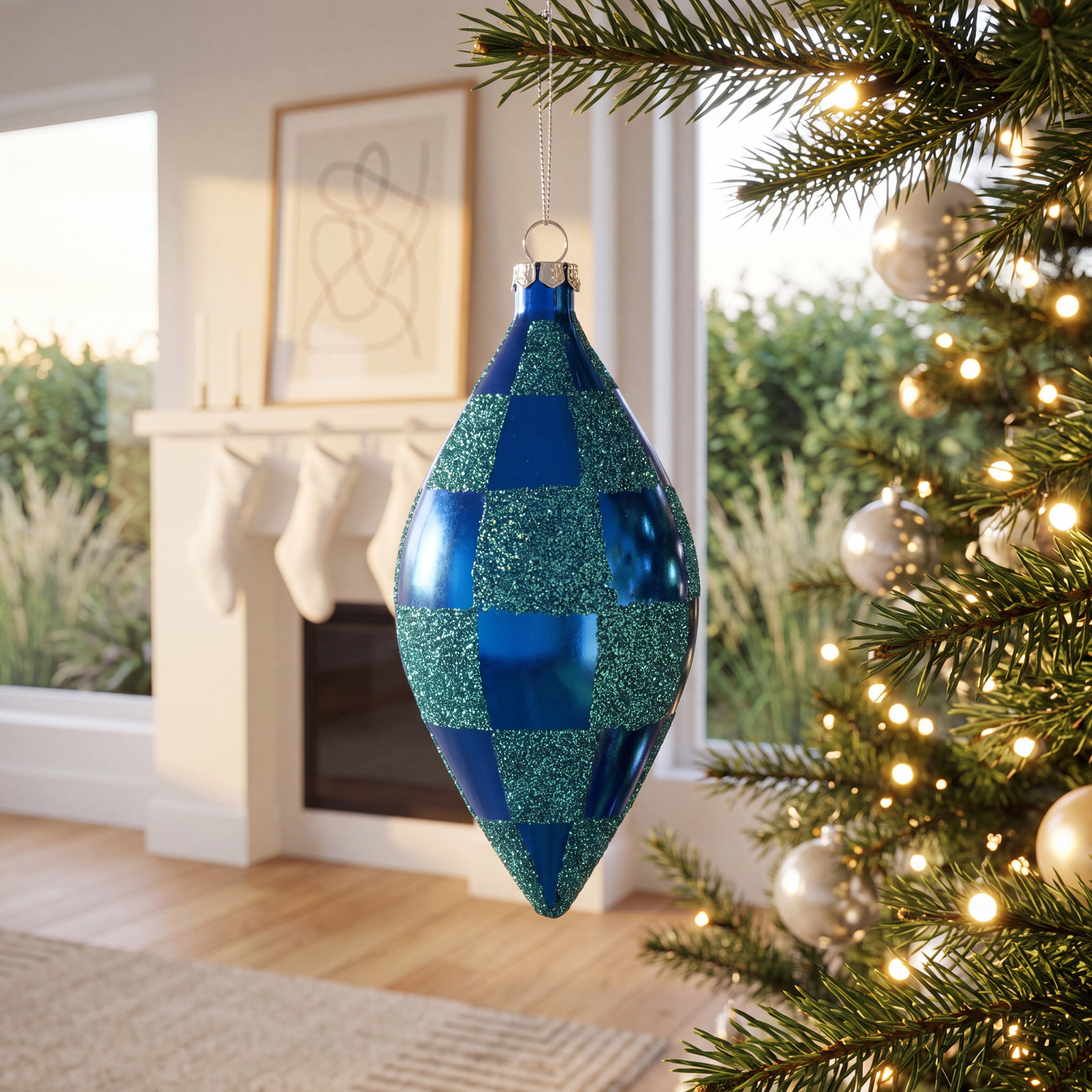5'' Checkered Finial Ornament, Blue