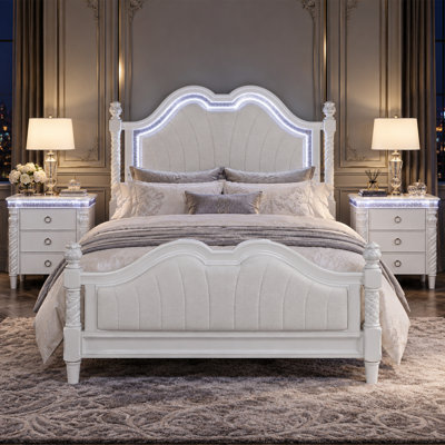 Pearl White Victorian Glam 3-Piece Bedroom Set, Bed and 2 Nightstands with LED Lights