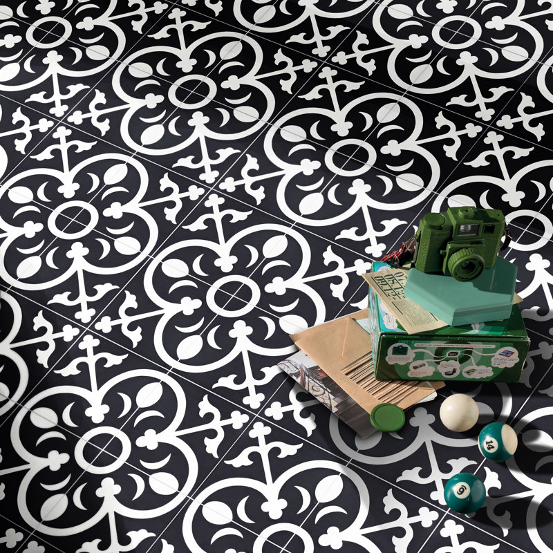 Carreau de ciment à motif de mur et de plancher 8 po x 8 po Nador, Noir / Blanc